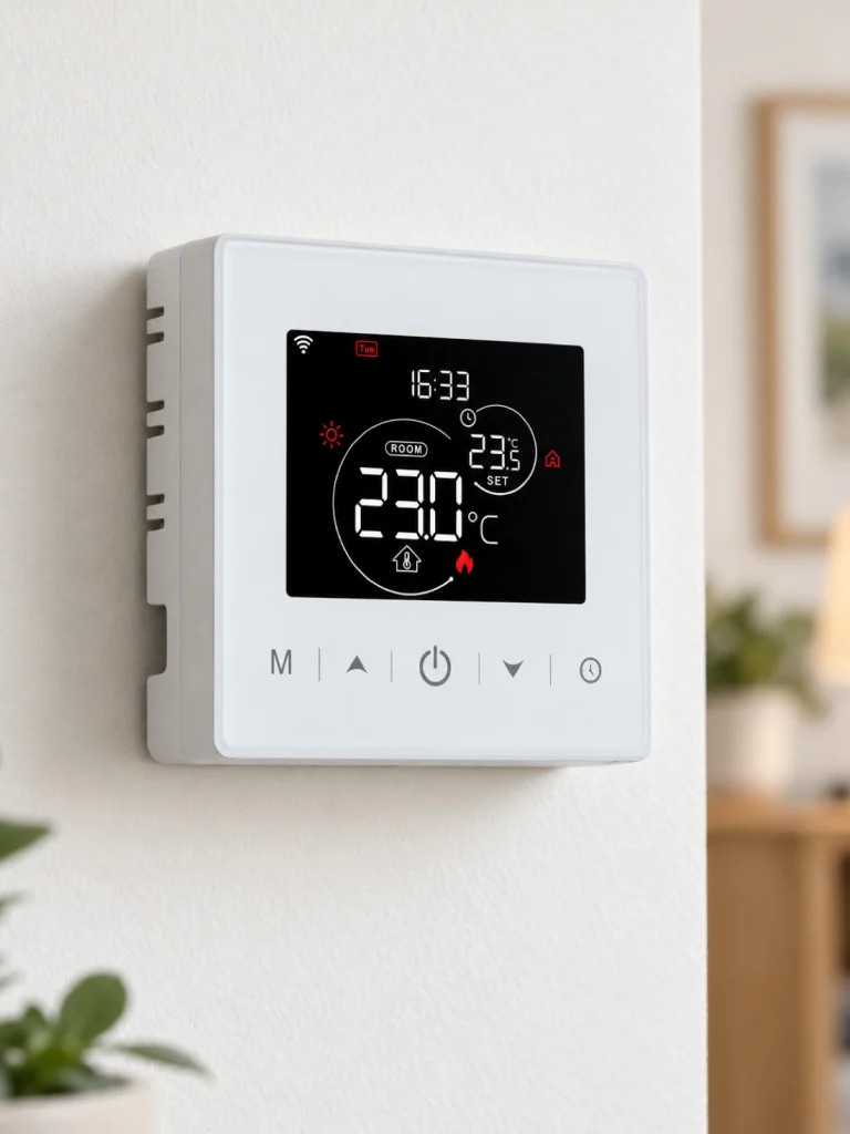 Thermostat connecté mural affichant 23 °C dans un salon, réglage et optimisation du chauffage Île-de-France