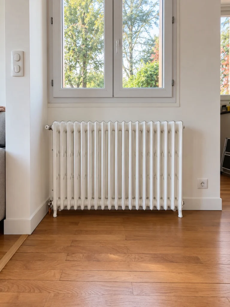 Radiateur en fonte blanc à colonnes sous une fenêtre, sur parquet chêne, remplacement de radiateur Île-de-France