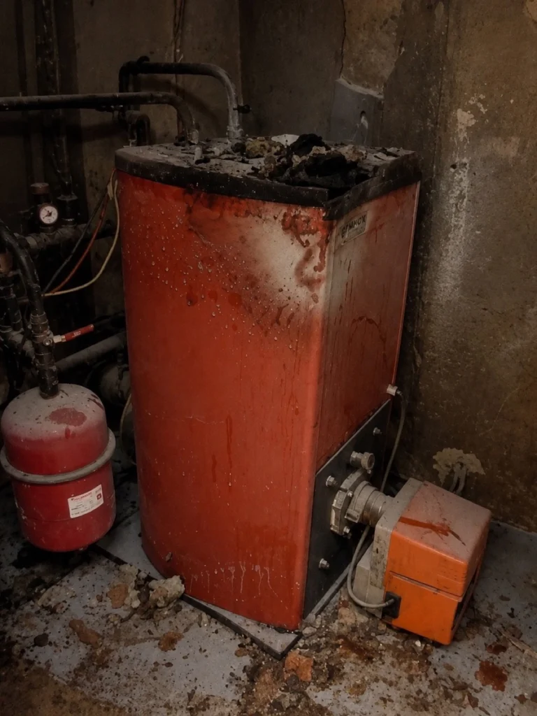 Vieille chaudière fioul hors service dans une cave, brûleur à terre et vase d'expansion rouillé, urgence chauffagiste Île-de-France