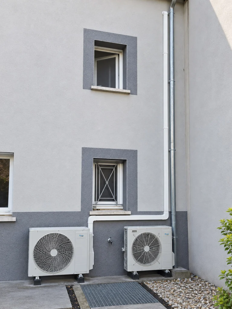 Deux groupes extérieurs de climatisation posés au pied d'une façade d'immeuble, goulottes fixées le long du mur, climatisation en copropriété Île-de-France