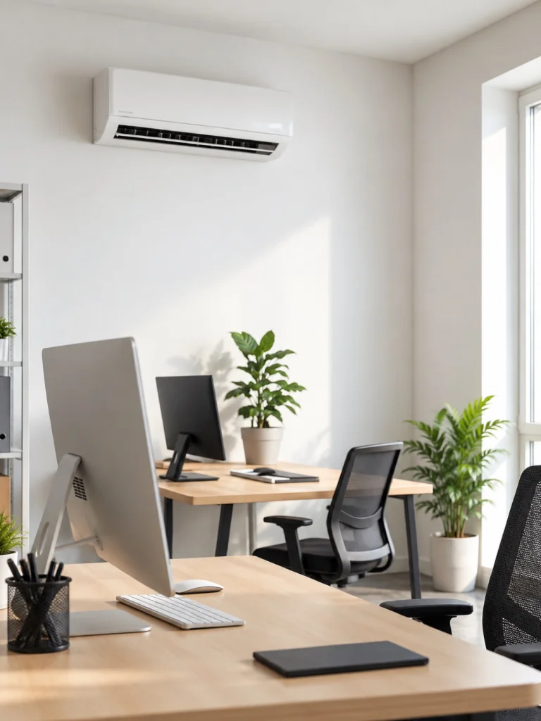 Unité murale de climatisation dans un bureau lumineux avec postes de travail et plantes, climatisation de locaux professionnels Île-de-France