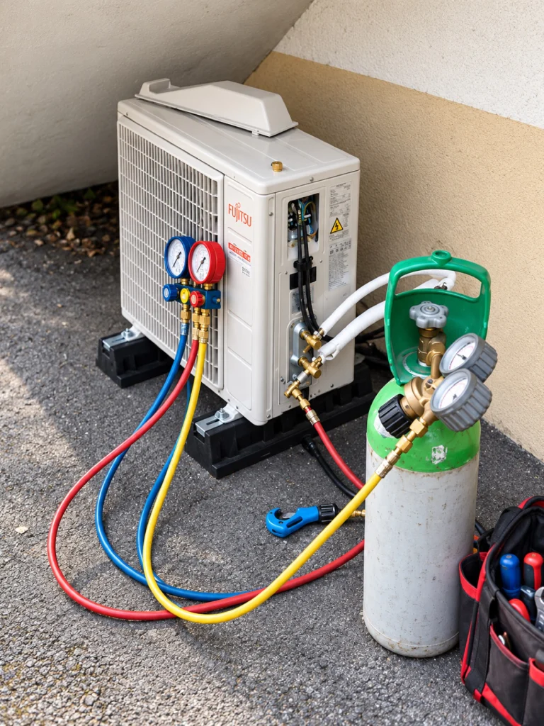 Manifold à manomètres et bouteille d'azote raccordés à un groupe extérieur de climatisation pour le tirage au vide et la mise en service, Île-de-France