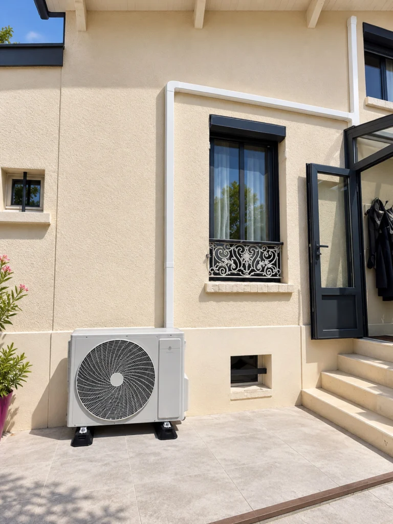 Groupe extérieur de multi-split posé sur plots au pied d'une façade crépie, goulotte blanche remontant vers les unités intérieures, installation multi-split Île-de-France