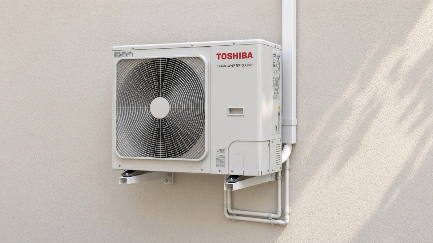 Unité extérieure de climatisation inverter fixée sur consoles en façade, goulotte et liaisons frigorifiques, climatisation Île-de-France