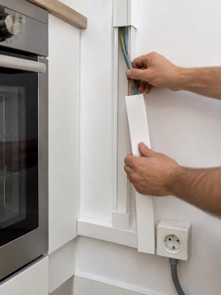 Électricien passant le câble d'un four dans une goulotte murale vers une prise dédiée en cuisine, création de circuit spécialisé Île-de-France