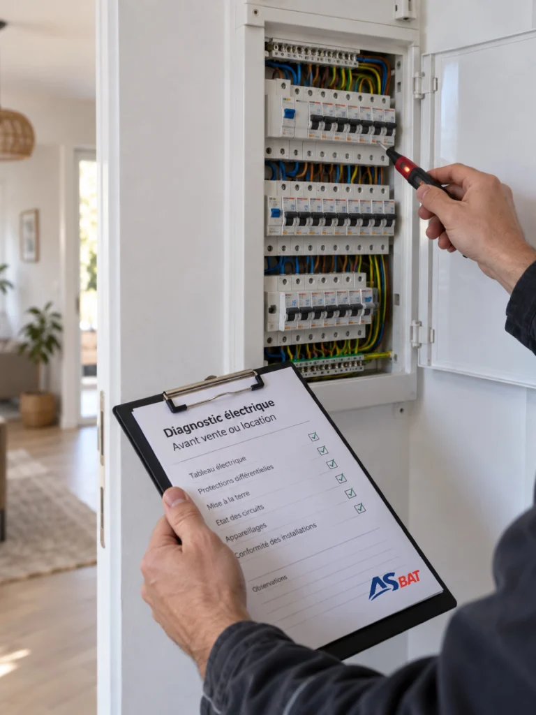 Électricien testant un tableau électrique au détecteur de tension, fiche de diagnostic électrique AS BAT en main, diagnostic électrique Île-de-France