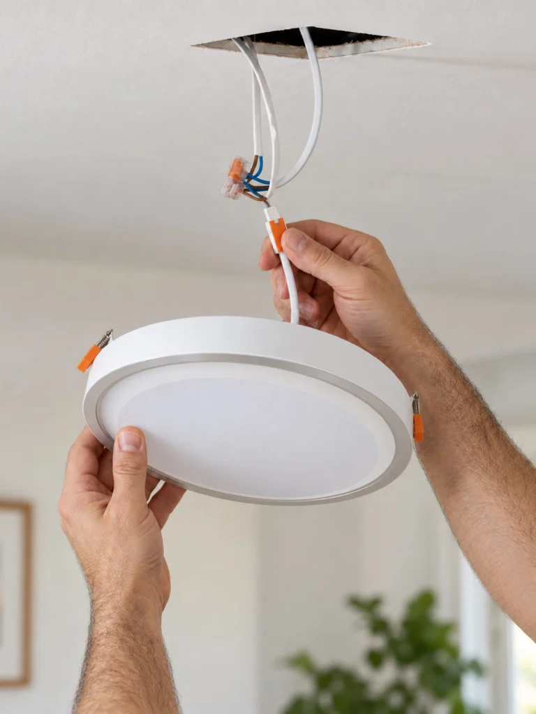 Électricien raccordant un plafonnier LED encastrable au câble du plafond avec un connecteur rapide, installation de luminaires Île-de-France