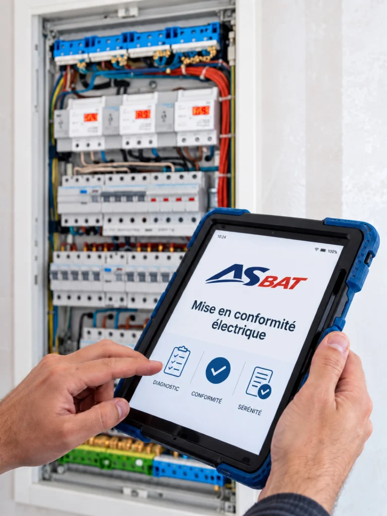 Électricien consultant sur tablette la fiche de mise en conformité électrique devant un tableau ouvert, mise en conformité électrique Île-de-France
