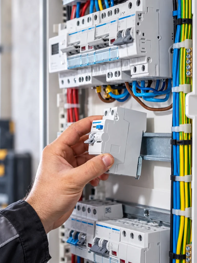 Électricien clipsant un interrupteur différentiel sur le rail d'un tableau électrique neuf, remplacement de tableau électrique Île-de-France