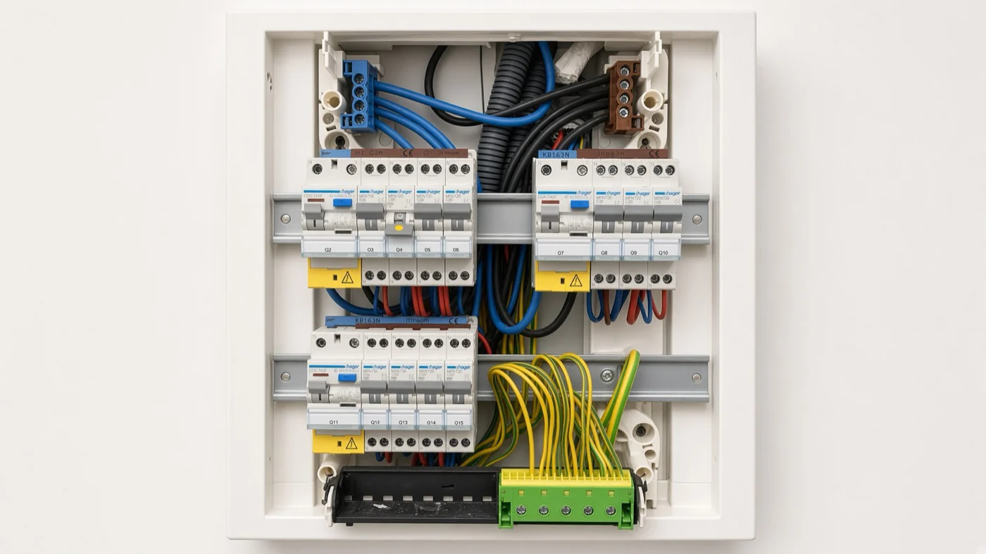 Tableau électrique ouvert avec disjoncteurs, interrupteurs différentiels et bornier de terre câblés proprement, électricien Île-de-France
