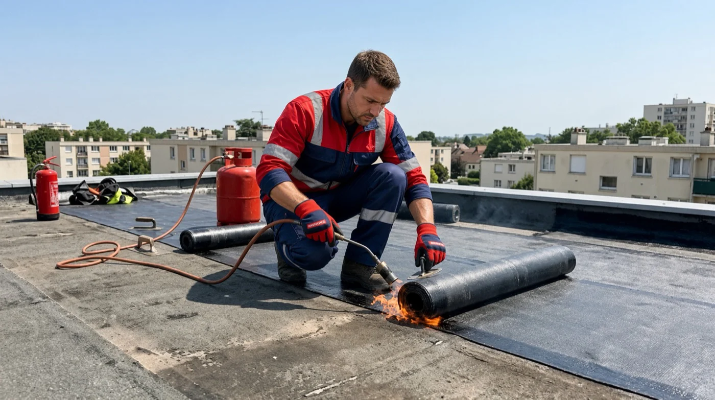 Étancheur soudant au chalumeau une membrane bitumineuse sur une toiture-terrasse, immeubles en arrière-plan, étanchéité Île-de-France