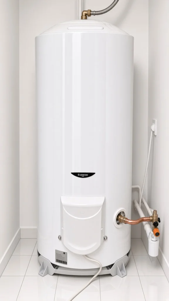 Chauffe-eau électrique vertical sur socle avec groupe de sécurité et raccords cuivre, installation de chauffe-eau Île-de-France