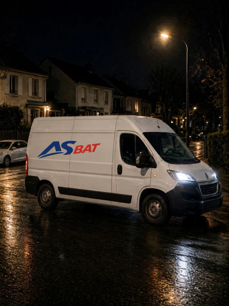 Camionnette AS BAT de nuit sous un lampadaire dans une rue pavillonnaire mouillée, plombier de nuit Île-de-France
