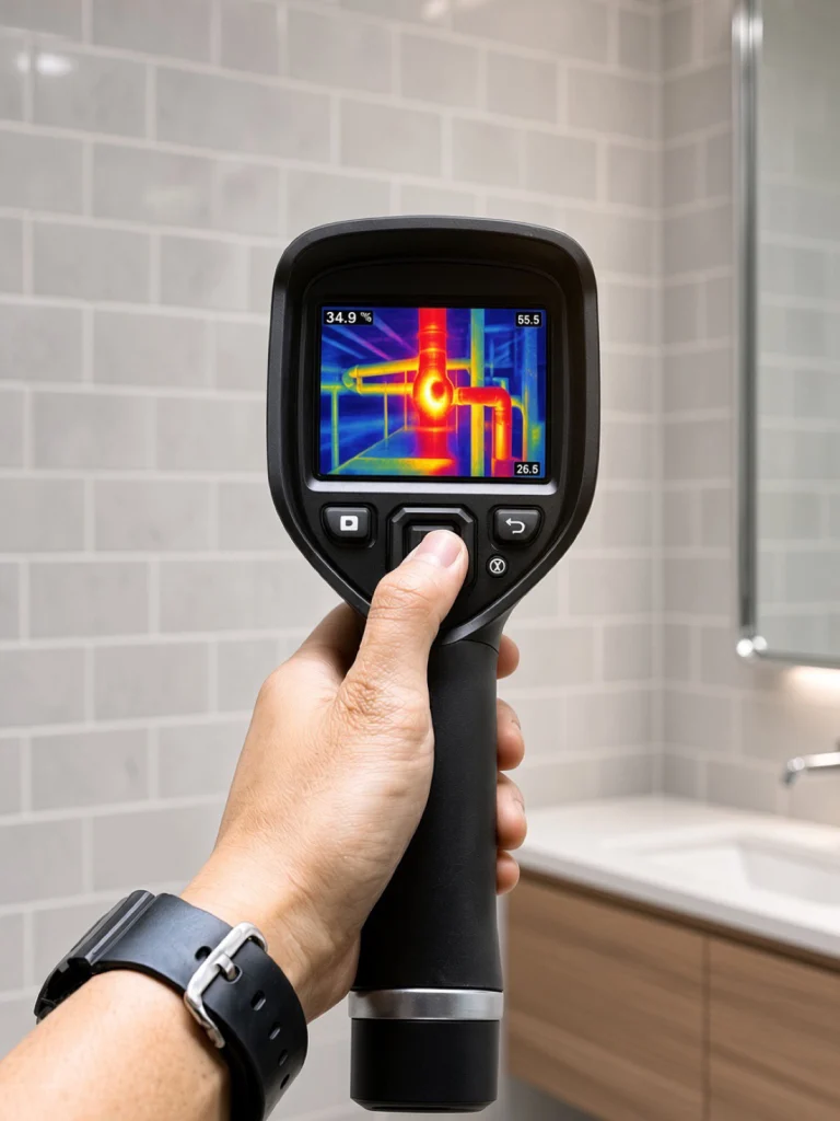 Caméra thermique tenue à la main devant un mur carrelé de salle de bain, l'écran révélant une canalisation chaude, recherche de fuite Île-de-France
