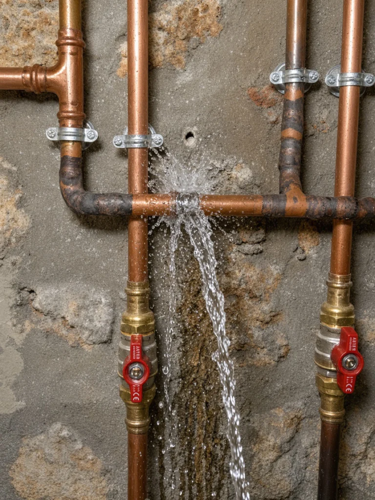 Fuite d'eau en jet sur une canalisation cuivre corrodée, avec deux vannes d'arrêt rouges, réparation par un plombier Île-de-France