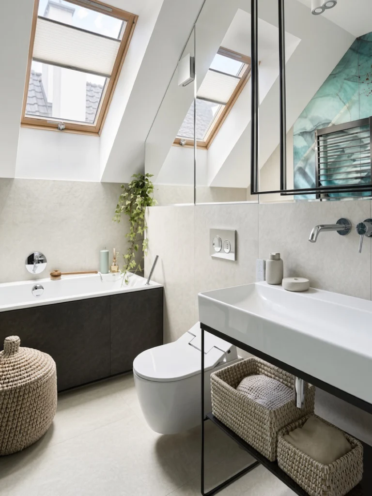 Salle de bain sous combles rénovée avec baignoire, WC suspendu, vasque sur console et robinetterie murale, installation sanitaire Île-de-France